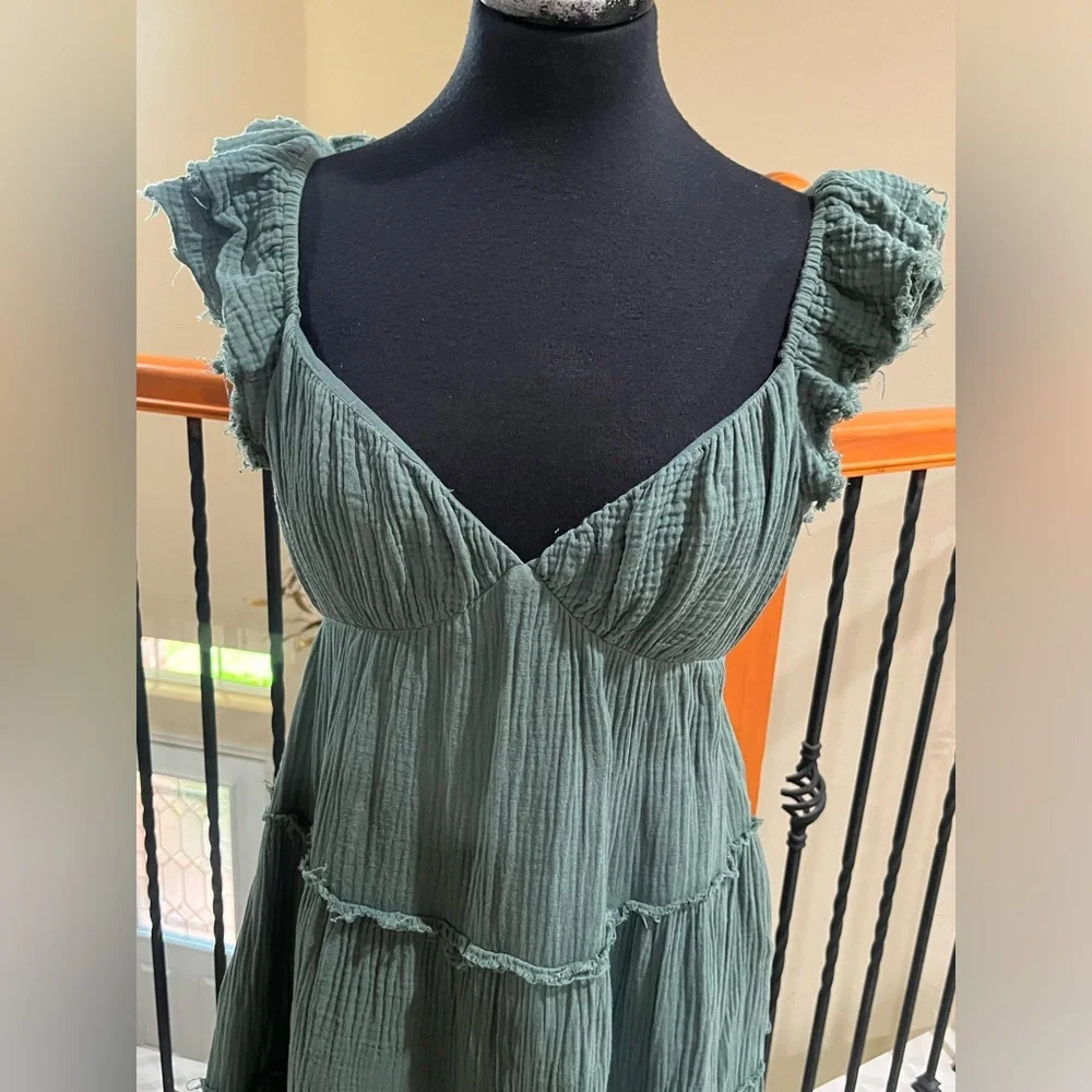 FREE THE ROSES Ruffled Sleeve Gauze Maxi PEASANT Dress - Sage Green SIZE S - Picture 4 of 8